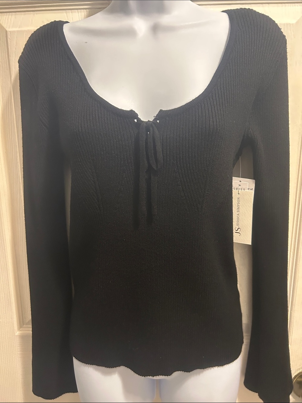 JS Collections Black Ribbed V-Neck Tie-Front Sweater